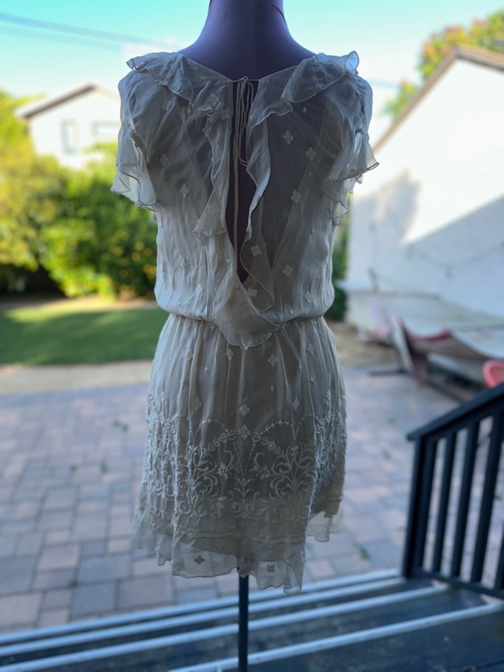 Sheer Ruffle V-Neck Mini Dress in Ivory - Picture 7 of 8